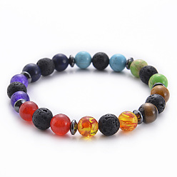 Seven-vein stone bracelet Natural Stone Beaded Yoga Bracelet for Men and Women with 8mm Volcanic Rock, Seven Chakra Stones, Powder Crystal and Turquoise