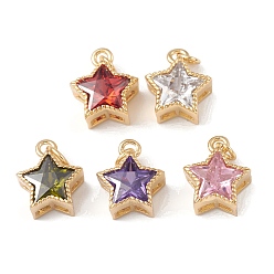 Mixed Color Rack Plating Brass with Cubic Zirconia Charms, Star Charm, Cadmium Free & Lead Free, with Jump Ring, Real 18K Gold Plated, Mixed Color, 12.5x10.5x5.5mm, Hole: 0.9mm