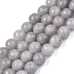 Gris Clair Blanc brins de perles de jade naturels, teint, facette, ronde, gris clair, 9.5~10mm, Trou: 1mm, Environ 38 pcs/chapelet, 14.37 pouces ~ 14.57 pouces (36.5~37 cm)