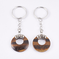 Tiger Eye Natural Tiger Eye Keychain, with Platinum Plated Iron Key Rings and Brass Findings, Flat Round, 84mm
