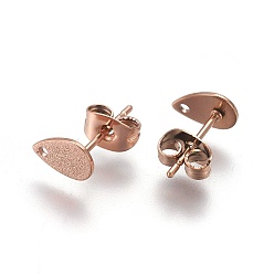Rose Gold Ion Plating(IP) 304 Stainless Steel Stud Earring Findings, Textured, Teardrop, Rose Gold, 8x5x0.7mm, Hole: 1mm, Pin: 0.7