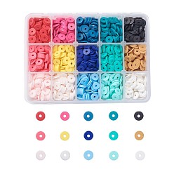 Mixed Color 15 Colors Eco-Friendly Handmade Polymer Clay Beads, Disc/Flat Round, Heishi Beads, Mixed Color, 8x0.5~1mm, Hole: 2mm, 15colors, about 133~140pcs/color, 1995~2100pcs/box