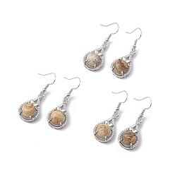 Пейзажный Джаспер Серьги-капли с натуральным изображением яшмы и кристаллами горного хрусталя, платиновые латунные украшения для женщин, 42 мм, штифты : 0.6 мм