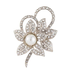 Платина Броши со стразами из цинкового сплава, с пластиковой имитационной жемчужиной, цветок, платина, 54x39 мм