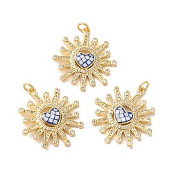 Озёрно--синий Подвески «Солнце с сердцем» из латуни с микропаве и цирконием, с эмалью и ракушкой, долговечный, без свинца и без кадмия, реальный 18 k позолоченный, с прыжковых колец, Плут синий, 28x26x4 мм, отверстие : 3 мм