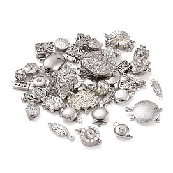 Platinum Brass Cubic Zirconia Box Clasps, Long-Lasting Plated, Mixed Shapes, Cadmium Free & Lead Free, Clear, Platinum, 13.5~30.5x5~20x1.5~9mm, Hole: 0.9~1.6mm