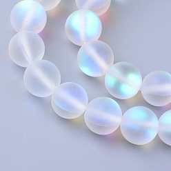 Clear Synthetic Moonstone Beads Strands, Holographic Beads, Dyed, Frosted, Round, Clear, 8mm, Hole: 1mm, about 45~47pcs/strand, 14~15 inch
