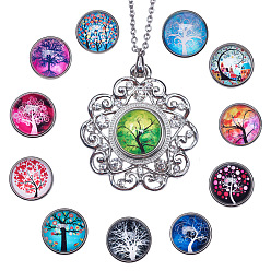 Mixed Color DIY Necklace Making, with 304 Stainless Steel Chain Necklaces, Zinc Alloy Rhinestone Snap Pendant Making and Brass Glass Snap Buttons, Flat Round with Tree, Mixed Color, 47x43x5mm, Hole: 9mm