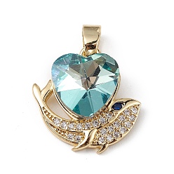 Sky Blue Real 18K Gold Plated Rack Plating Brass Micro Pave Cubic Zirconia Pendants, with Glass, Long-Lasting Plated, Cadmium Free & Lead Free, Heart & Whale, Sky Blue, 19x19x8mm, Hole: 5x3mm
