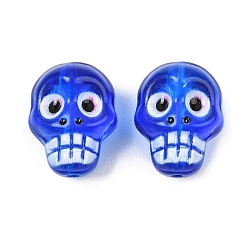 Blau Bedruckte Backfarbe, transparente Glasperlen, Schädel, Blau, 20x15x13 mm, Bohrung: 1.6 mm