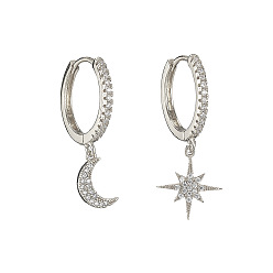 Platinum Clear Cubic Zirconia Star & Moon Asymmetrical Earrings, Brass Dangle Hoop Earrings for Women, Platinum, 29~33x17.5x2mm