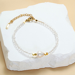 Прозрачный Стекло вышитый бисером браслеты для женщин, с натуральным пресноводным жемчугом, реальный 18 k позолоченный, граненые, прозрачные