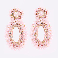 BrumosaRosa Pendientes trenzados con diamantes de imitación para mujer., oval, estilo bohemio, rosa brumosa, 70x43 mm