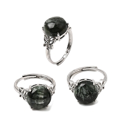 Serafinita Micro latón allanar anillos zirconia cúbico, rondo, con serafinita natural, Platino, plano y redondo: 12x12 mm, tamaño de EE. UU. 6 (16.5 mm)