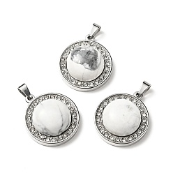 Howlite Natural Howlite Pendants, with Stainless Steel Color Tone 304 Stainless Steel and Crystal Rhinestone Findings, Half Round Charm, 24.5x21x8mm, Hole: 3.5x6mm