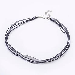 Black Jewelry Making Necklace Cord, Organza Ribbon & Waxed Cotton Cord & Platinum Plated Iron Clasp, Black, 16.9 inch(43cm), 6mm