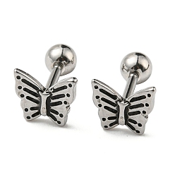 Antique Silver 304 Stainless Steel Stud Earrings, Cartilage Earrings, Butterfly, Antique Silver, 7x7.7mm