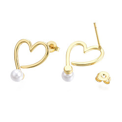 Real 18K Gold Plated Brass Open Heart Stud Earrings with ABS Plastic Pearl for Women, Nickel Free, Real 18K Gold Plated, 18x13.5mm, Pin: 0.8mm