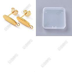 Golden 30Pcs 201 Stainless Steel Oval Stud Earring Findings, with 304 Stainless Steel Pins & with Horizontal Loops, Golden, 16x4.5x1.4mm, Hole: 1.6mm, Pin: 0.7mm