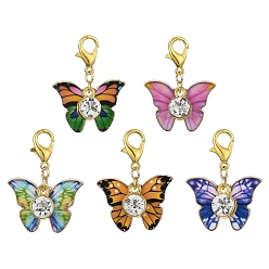 Mixed Color Butterfly Alloy Enamel & Glass Rhinestone Pendant Decorations, with Zinc Alloy Lobster Claw Clasps, Mixed Color, 29mm