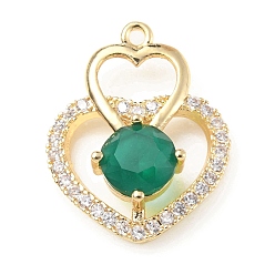 Emerald Brass with K9 Glass & Rhinestone Pendants, Light Gold, Heart Charms, Emerald, 25x19.5x7mm, Hole: 1.5mm