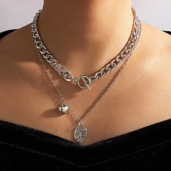 16333 Silver Chunky Metal Heart Pendant Multi-layered Choker Necklace for Women - Punk Style