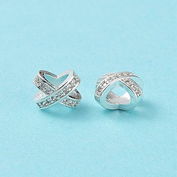 Серебро Реечное покрытие латунь микро паве кубический цирконий европейские бусины, бусины с большим отверстием, без кадмия и без свинца, долговечный, крест-накрест, серебряные, 7.5x9x7 мм, отверстие : 4.5x3.5 мм