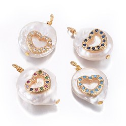 Mixed Color Natural Cultured Freshwater Pearl Pendants, with Brass Cubic Zirconia Findings, Nuggets with Heart, Golden, Mixed Color, 17~26x11~16x5~11mm, Hole: 1.6~2mm