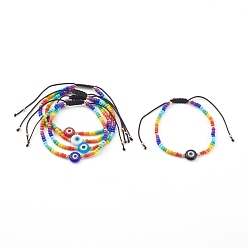 Mixed Color Rainbow Adjustable Nylon Cord Braided Bead Bracelets, with Glass Seed Beads, Evil Eye Lampwork Beads and Brass Beads, Golden, Mixed Color, Inner Diameter: 1-7/8~3-3/8 inch(4.8~8.5cm)