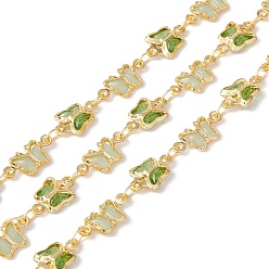 Green Handmade Eco-friendly Brass Butterfly Link Chain, with Glass Beaded, Real 18K Gold Plated, Lead Free & Cadmium Free, Soldered, with Spool, Green, 11x7x2mm, 12.5x6x2mm
