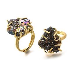 Полуночно-синий Самородки гальванизированные натуральные агатовые кластерные кольца для пальцев, латунные регулируемые кольца, долговечный, без свинца и без кадмия, стойки покрытие, золотые, темно-синий, внутренний диаметр: 18~19 мм