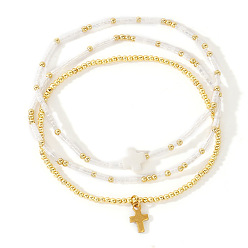 Белый Минималистичные стеклянные бисерные наборы для браслетов, Браслеты с подвесками в виде креста из латуни для женщин, белые, внутренний диаметр: 6-1/2 дюйм (16.5 см)