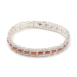 Silver Rack Plating Brass Micro Pave Orange Red Cubic Zirconia Rectangle Link Chain Bracelets, Tennis Bracelet, Long-Lasting Plated, Cadmium Free & Lead Free, Silver, 7-5/8 inch(19.3cm)