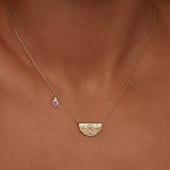 Amethyst Rhinestone Teardrop & Lotus Pendant Necklace, Golden Stainless Steel Necklace, Amethyst, 17.72 inch(45cm)