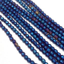 Blue Plated Electroplate Non-magnetic Synthetic Hematite Beads Strands, Faceted, Frosted, Round, Grade A, Blue Plated, 3mm, Hole: 1mm, about 127pcs/strand, 16 inch
