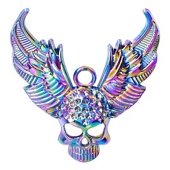 Rainbow Color Alloy Pendant Rhinestone Setting, Skull with Wing, Rainbow Color, Fit for 2mm Rhinestone, 50x53mm, Hole: 4.5mm