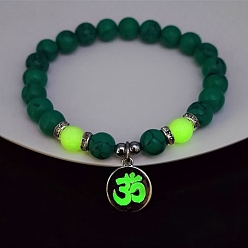 Lime Synthetic Turquoise Stretch Bracelet, with Luminous Glow in the Dark Platinum Alloy Yoga Charms, Lime, Inner Diameter: 2-3/8 inch(60mm)