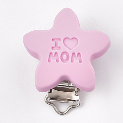 Pearl Pink Mother's Day Theme, Food Grade Eco-Friendly Silicone Baby Pacifier Holder Clips, with 304 Stainless Steel Clips, Star with Word I Love Mom, Stainless Steel Color, Pearl Pink, 46x39x19mm, Hole: 4x14mm