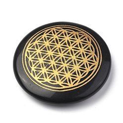 Obsidian Chakras Themed Natural Obsidian Cabochons, Flat Round with Flower of Life, 35x6~7mm