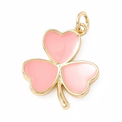 Pink Brass Enamel Pendants, with Jump Rings, Real 18K Gold Plated, Cadmium Free & Lead Free, Long-Lasting Plated, Clover, Pink, 18x14x3mm, Hole: 3mm