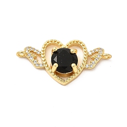 Black Rack Plating Brass Micro Pave Clear Cubic Zirconia Connector Charms, Heart with Wing Links, with Faceted Glass, Cadmium Free & Lead Free, Real 18K Gold Plated, Black, 14.3x28.5x6mm, Hole: 1.2mm