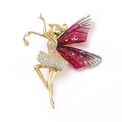 Deep Pink Resin Fairy Lapel Pin with Clear Cubic Zirconia, Real 18K Gold Plated Brass Badge with Loop for Jewelry Pendant, Cadmium Free & Lead Free, Deep Pink, 38x53x6.5mm