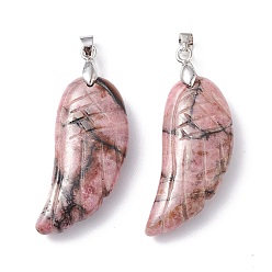 Rhodonite Natural Rhodonite Pendants, with Platinum Plated Brass Loops, Wing, 36x15~16.6x6.5~7.7mm, Hole: 5x4mm