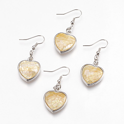 Yellow Natural Yellow Shell Dangle Earrings, with Platinum Tone Brass Findings, Heart, Yellow, 43.5mm, Pin: 0.7mm