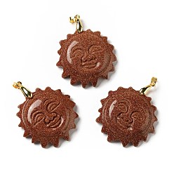 Goldstone Synthetic Goldstone Pendants, with Golden Tone Brass Findings, Lead Free & Cadmium Free, Sun with Smiling Face, 42x34~35x10.5mm, Hole: 3.8x5mm