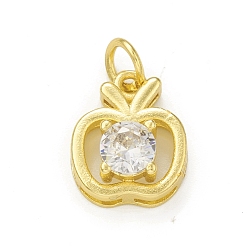 Clear Rack Plating Brass Cubic Zirconia Charms, with Jump Ring, Cadmium Free & Lead Free, Long-Lasting Plated, Real 18K Gold Plated, Apple Charm for Teacher's Day, Clear, 13x10.5x5.5mm, Hole: 3mm