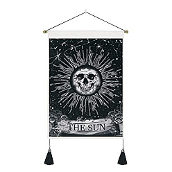 Sun Halloween Skull Polyester Decorative Wall Tassel Hanging Tapestrys, for Home Decoration, with Wooden Rod and Plastic Hook, Black, Rectangle, Sun, 500x350mm