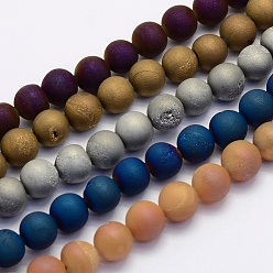 Mixed Color Electroplate Natural Druzy Agate Beads Strands, Dyed, Round, Frosted, Mixed Color, 10mm, Hole: 1mm, about 38pcs/strand, 15.7 inch(40cm)