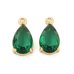 Зеленый Латунные подвески, со стеклом, слеза, зелёные, 16x8x5.5 мм, отверстие : 1.5 мм