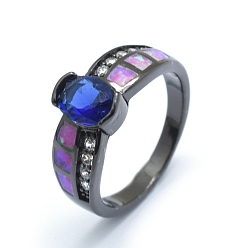 Черный Цвет Металла Кубические кольца из циркония, с синтетическим опалом и медными находками, долговечный, овальные, Размер 7, синие, металлический черный , 17.5 мм